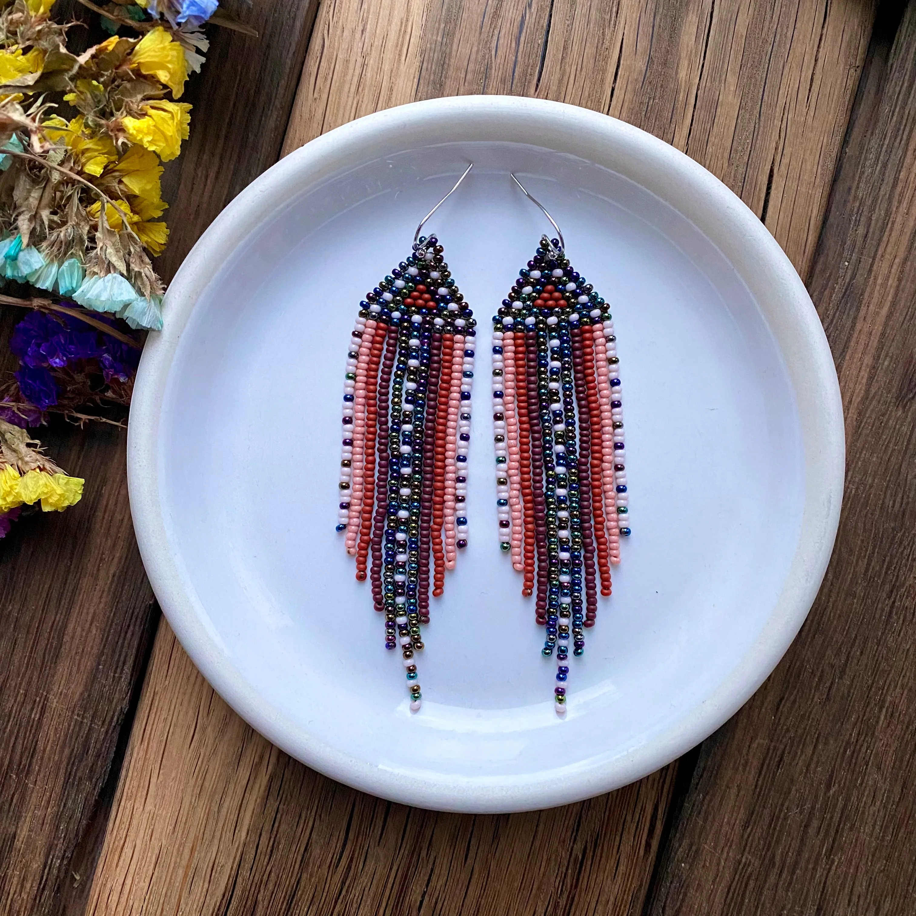 Brown Navy Blue Seed Bead Chandelier Earrings. Unique Indigenous style Earrings Native inspired. Earthy Fringe Earrings. Long Dangle Earring