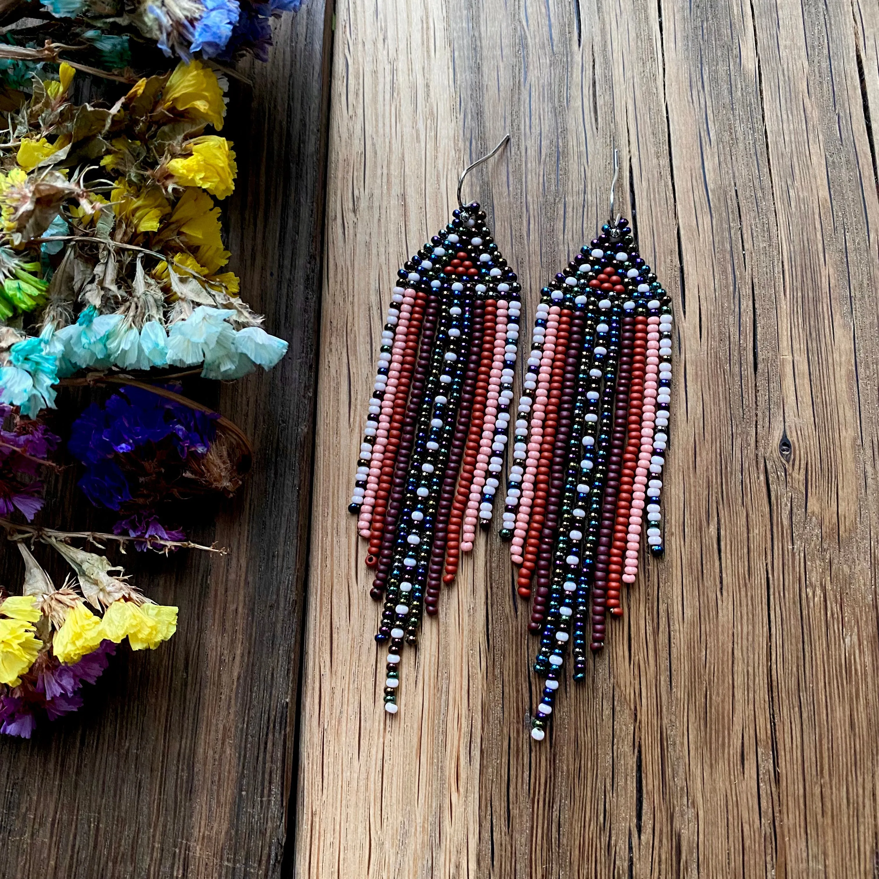 Brown Navy Blue Seed Bead Chandelier Earrings. Unique Indigenous style Earrings Native inspired. Earthy Fringe Earrings. Long Dangle Earring