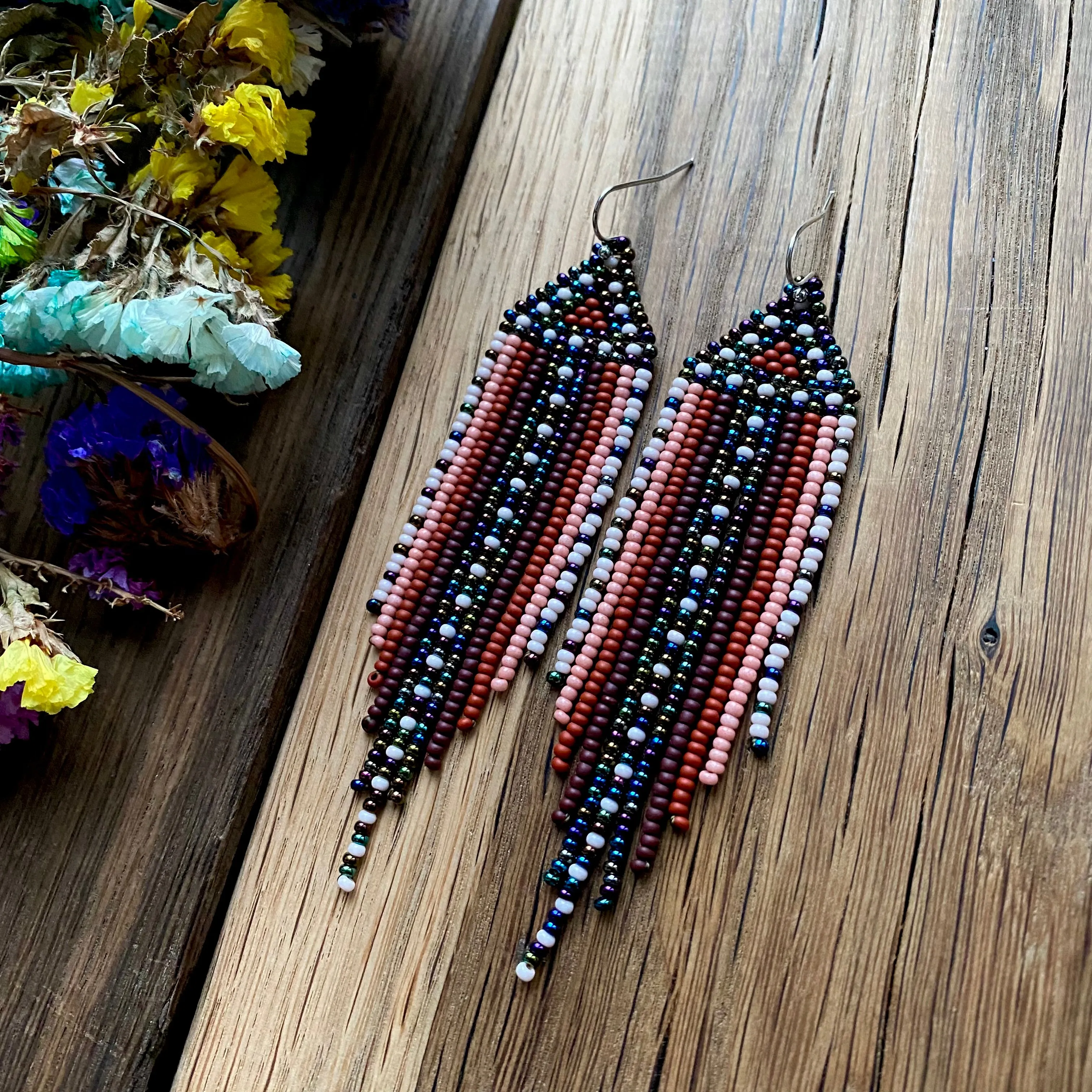 Brown Navy Blue Seed Bead Chandelier Earrings. Unique Indigenous style Earrings Native inspired. Earthy Fringe Earrings. Long Dangle Earring