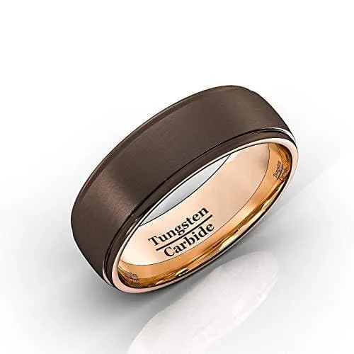 Brown Tungsten Wedding Band Step Edge With 18k Plated Rose Gold Brush Finish - 8mm