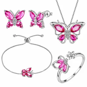 Butterfly Birthstone July Ruby Jewelry Set 5PCS Women Girls Birthday Gift