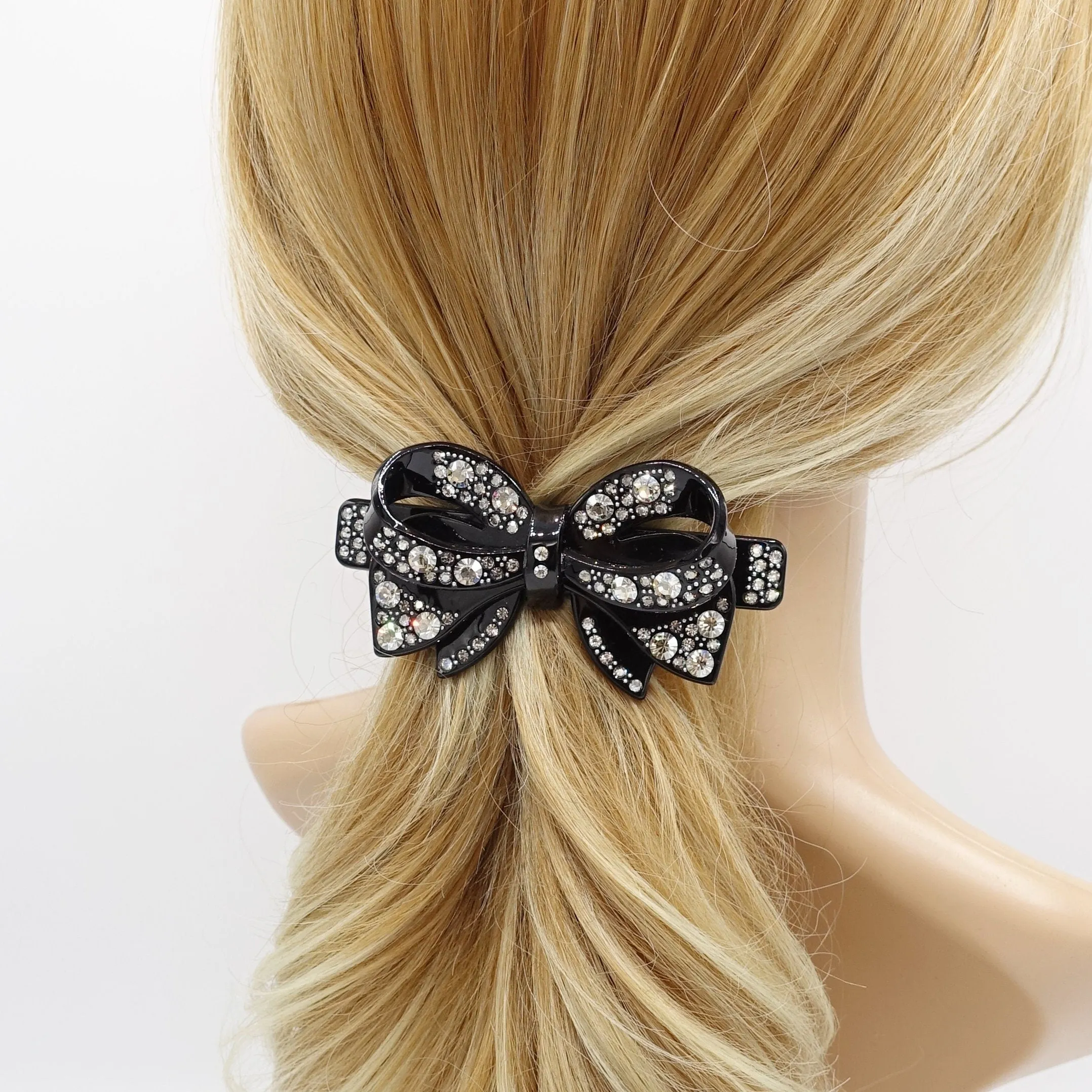 cellulose bow barrette, rhinestone barrette, jeweled bow barrette for women