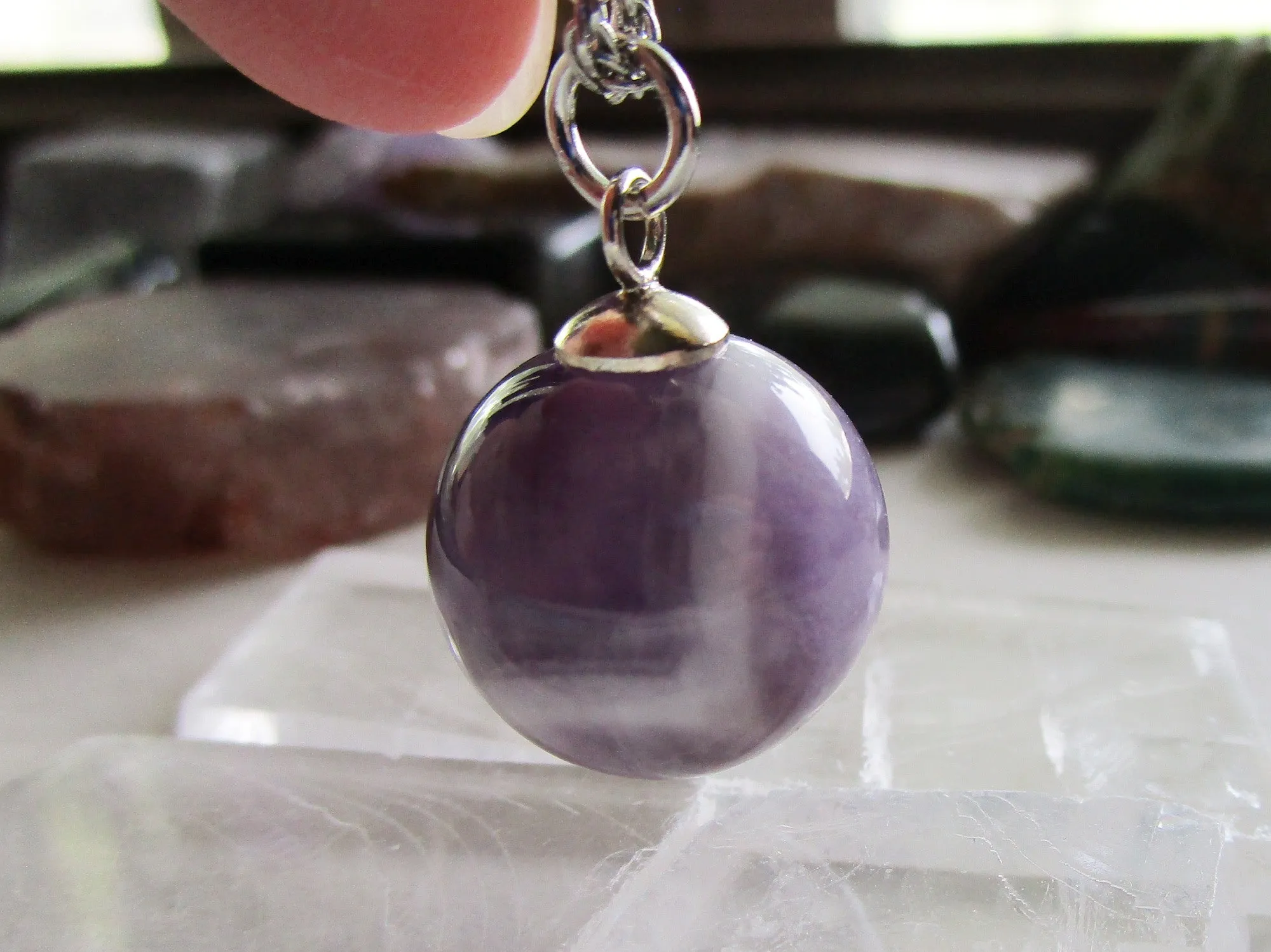 Chevron Amethyst Natural Purple Crystal Ball Pendant Necklace