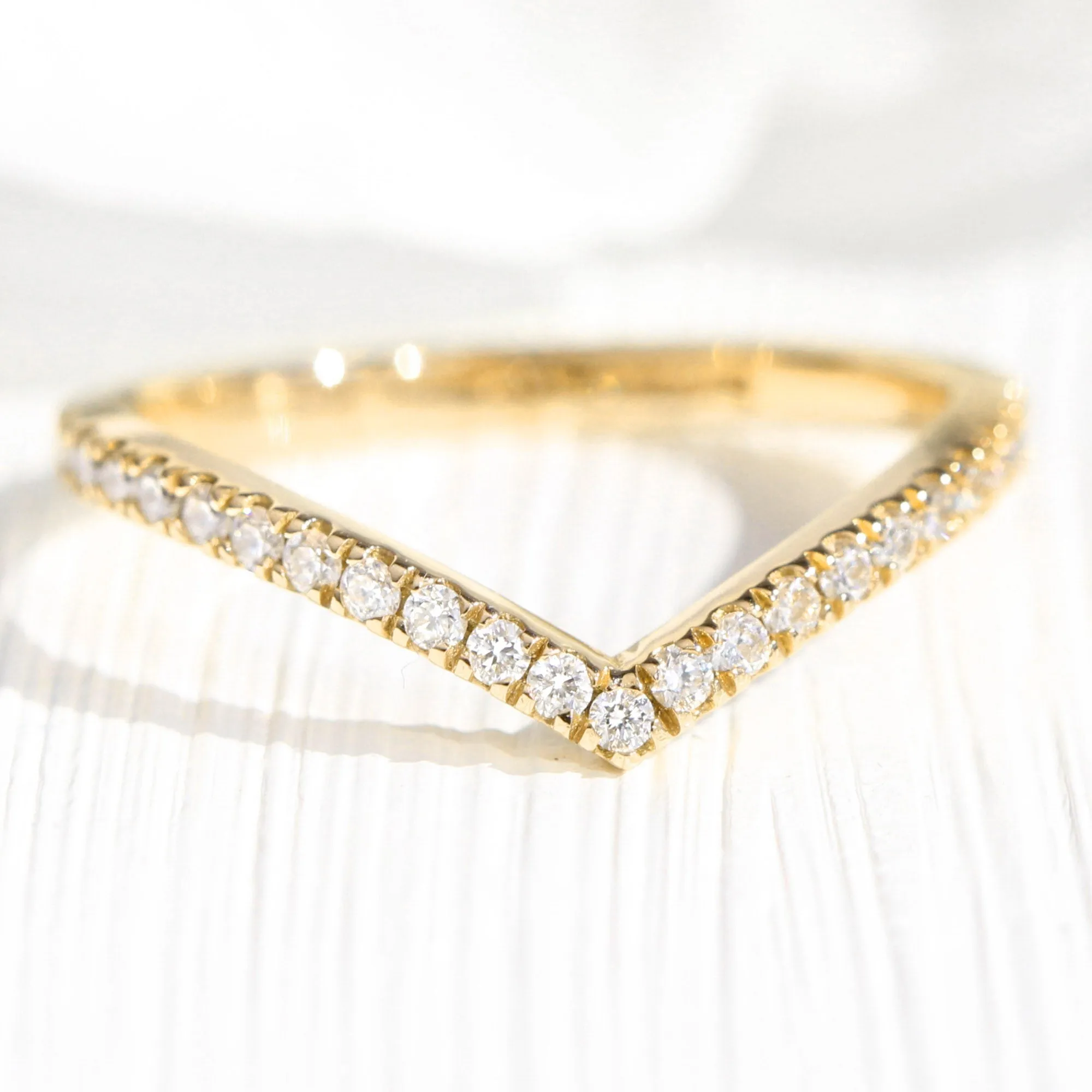 Chevron Diamond Wedding Ring in V Shaped Curved Pave Band