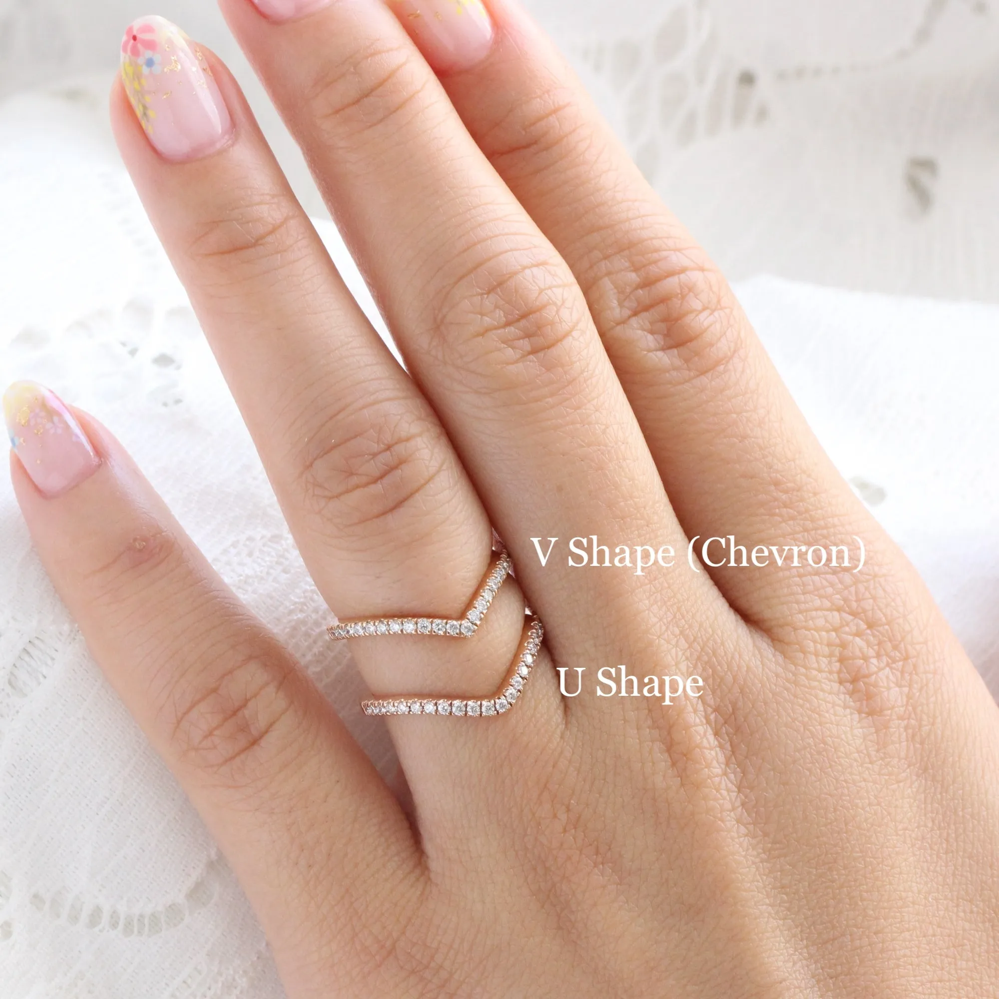 Chevron Diamond Wedding Ring in V Shaped Curved Pave Band