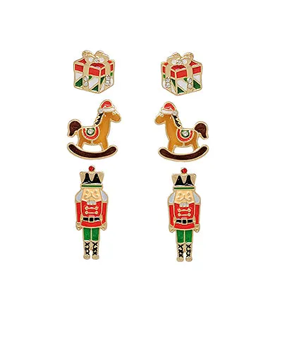 Christmas Toys Enamel Stud Earring Trio