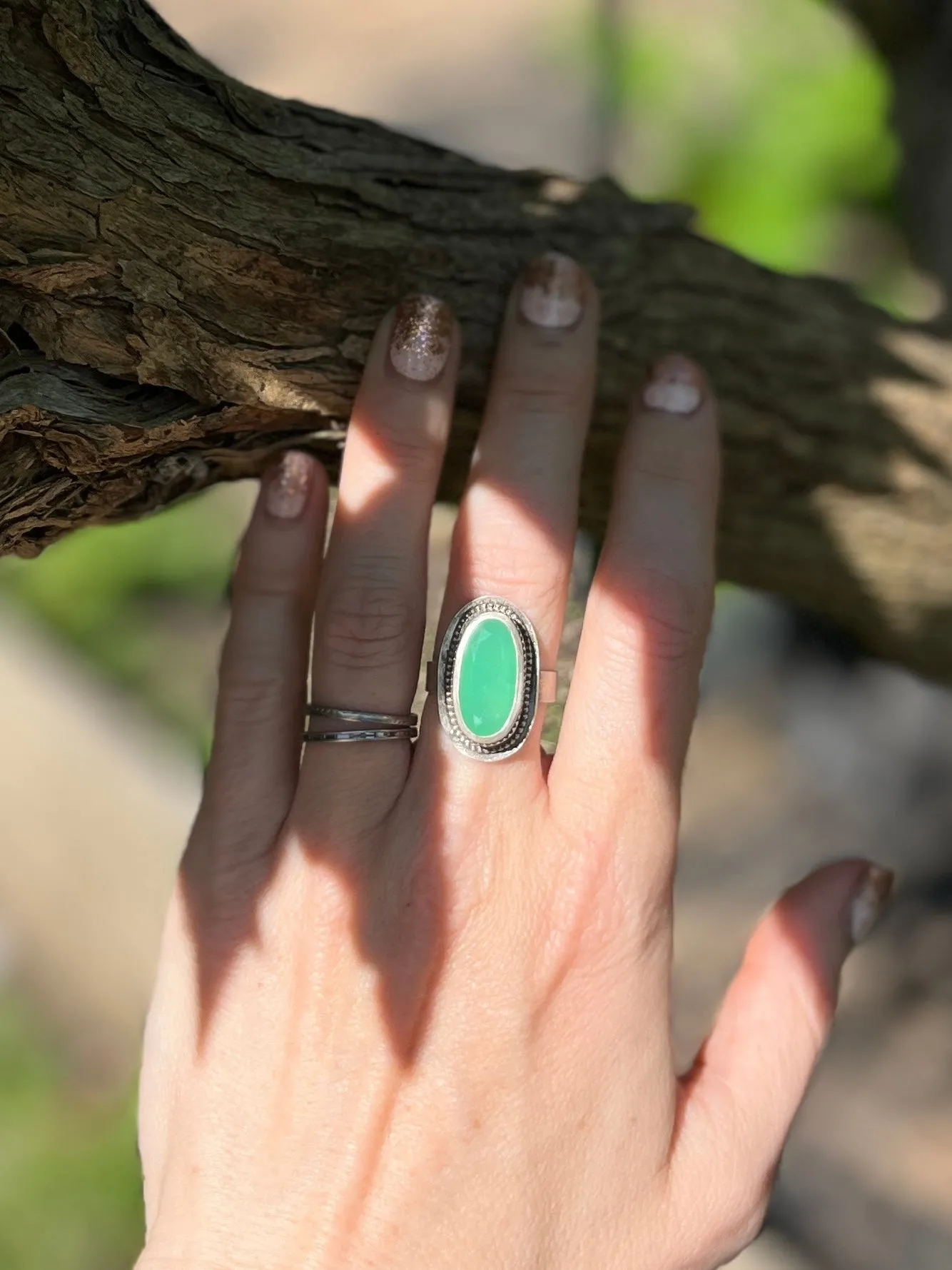 Chrysoprase Oval Ring with Beaded Border