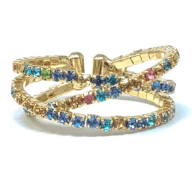 Color Rhinestone Gold Crossover Cuff Style Stretch Ring