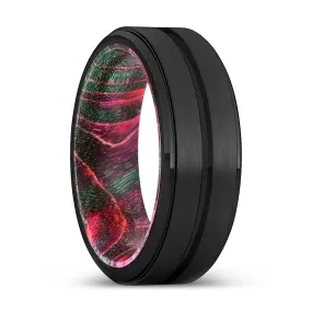 COYOTE | Green & Red Wood, Black Tungsten Ring, Grooved, Stepped Edge