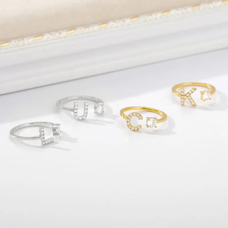 Crystal Open Adjustable 26 Initial Letter Ring