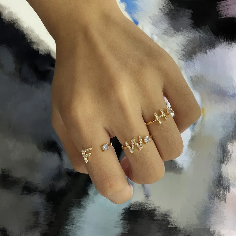 Crystal Open Adjustable 26 Initial Letter Ring