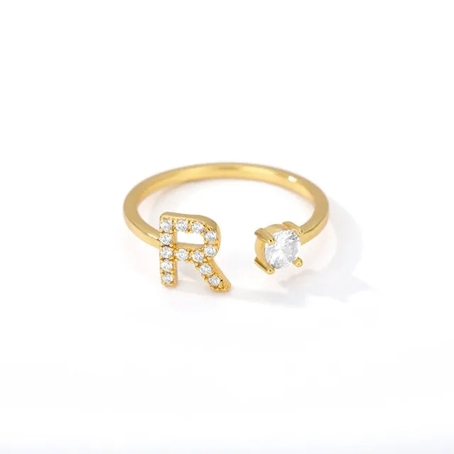 Crystal Open Adjustable 26 Initial Letter Ring