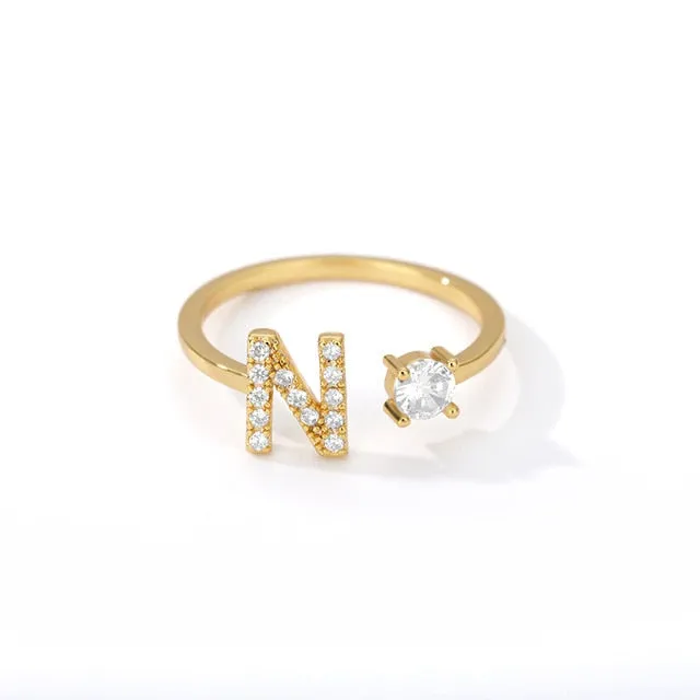 Crystal Open Adjustable 26 Initial Letter Ring