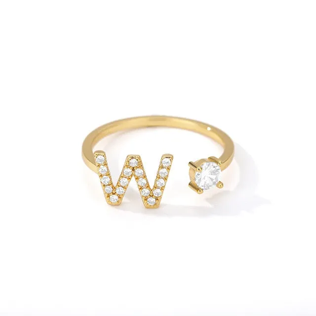 Crystal Open Adjustable 26 Initial Letter Ring