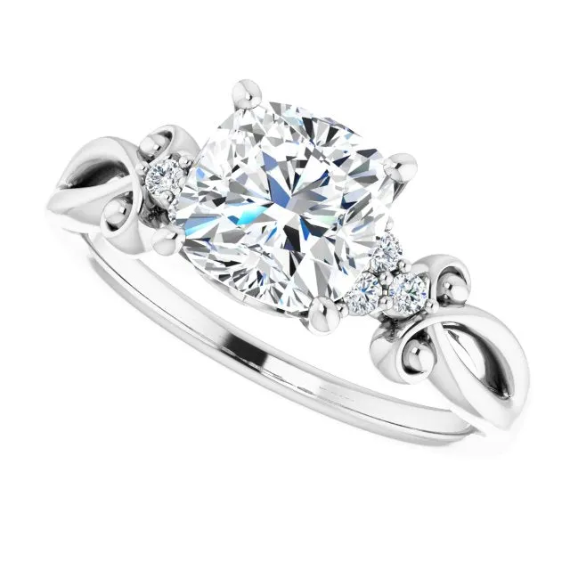 Cubic Zirconia Engagement Ring- The Adele (Customizable 7-stone Cushion Cut Design with Tri-Cluster Accents and Teardrop Fleur-de-lis Motif)