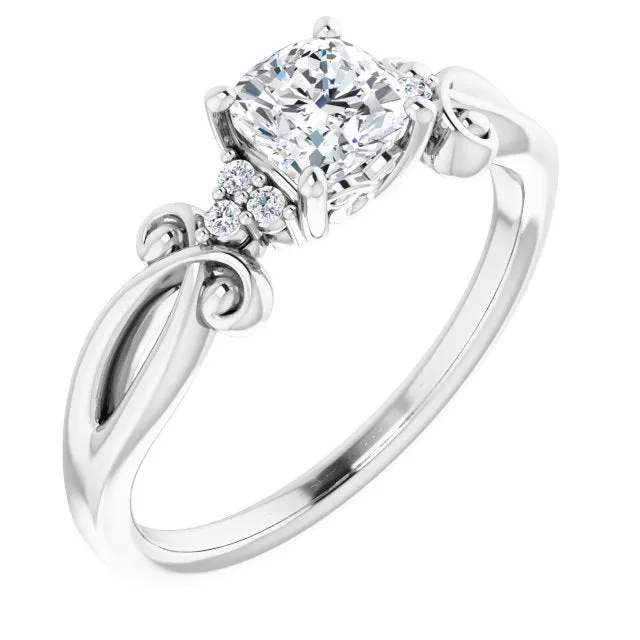 Cubic Zirconia Engagement Ring- The Adele (Customizable 7-stone Cushion Cut Design with Tri-Cluster Accents and Teardrop Fleur-de-lis Motif)