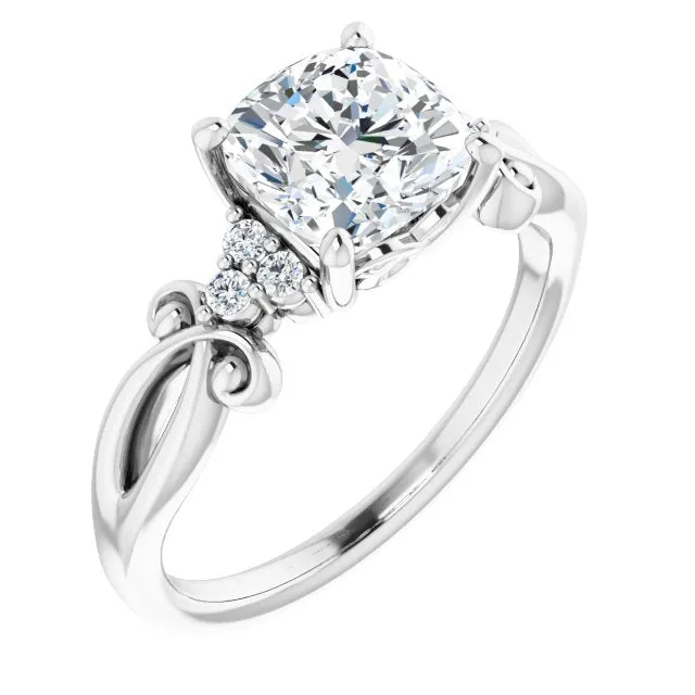 Cubic Zirconia Engagement Ring- The Adele (Customizable 7-stone Cushion Cut Design with Tri-Cluster Accents and Teardrop Fleur-de-lis Motif)