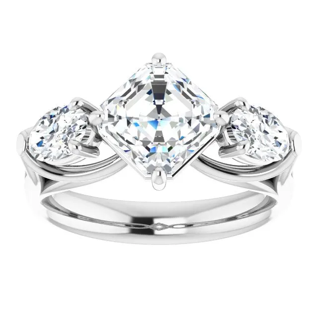 Cubic Zirconia Engagement Ring- The Alondra (Customizable Cathedral-set 3-stone Asscher Cut Style with Dual Oval Cut Accents & Wide Split Band)