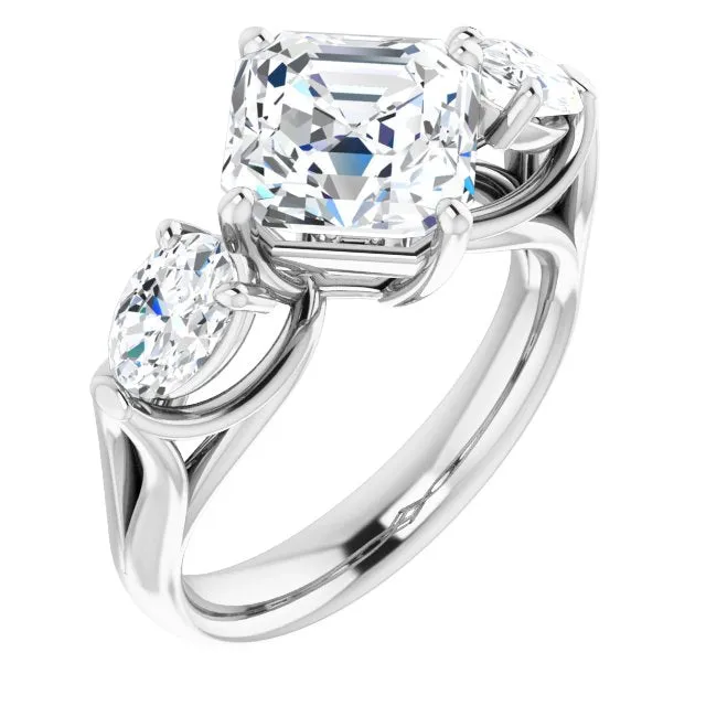 Cubic Zirconia Engagement Ring- The Alondra (Customizable Cathedral-set 3-stone Asscher Cut Style with Dual Oval Cut Accents & Wide Split Band)