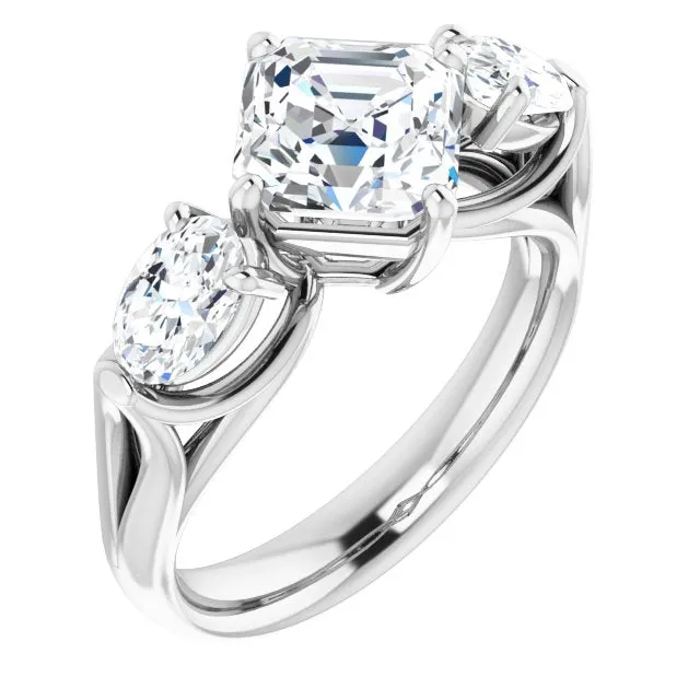 Cubic Zirconia Engagement Ring- The Alondra (Customizable Cathedral-set 3-stone Asscher Cut Style with Dual Oval Cut Accents & Wide Split Band)