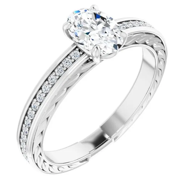 Cubic Zirconia Engagement Ring- The Angie (Customizable Oval Cut Design with Rope-Filigree Hammered Inlay & Round Channel Accents)