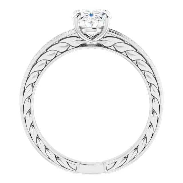 Cubic Zirconia Engagement Ring- The Angie (Customizable Oval Cut Design with Rope-Filigree Hammered Inlay & Round Channel Accents)