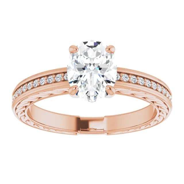 Cubic Zirconia Engagement Ring- The Angie (Customizable Oval Cut Design with Rope-Filigree Hammered Inlay & Round Channel Accents)