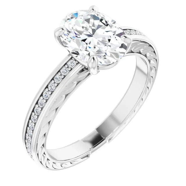 Cubic Zirconia Engagement Ring- The Angie (Customizable Oval Cut Design with Rope-Filigree Hammered Inlay & Round Channel Accents)