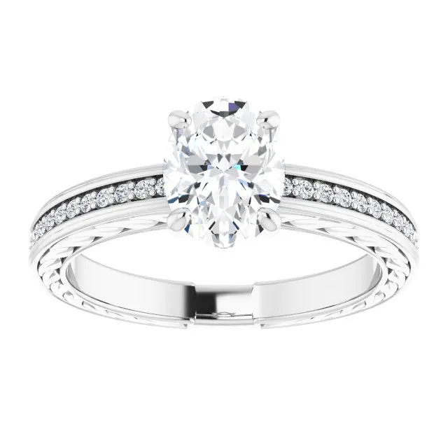 Cubic Zirconia Engagement Ring- The Angie (Customizable Oval Cut Design with Rope-Filigree Hammered Inlay & Round Channel Accents)