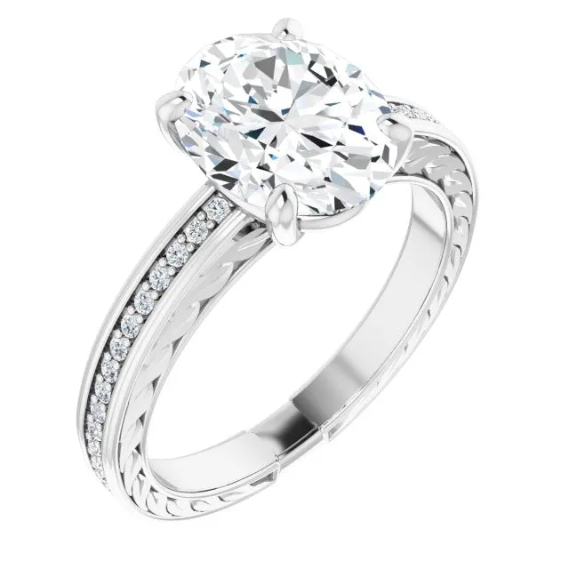 Cubic Zirconia Engagement Ring- The Angie (Customizable Oval Cut Design with Rope-Filigree Hammered Inlay & Round Channel Accents)