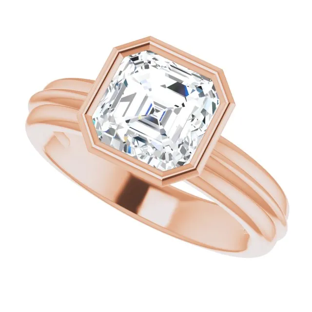 Cubic Zirconia Engagement Ring- The Aretha (Customizable Bezel-set Asscher Cut Solitaire with Grooved Band)