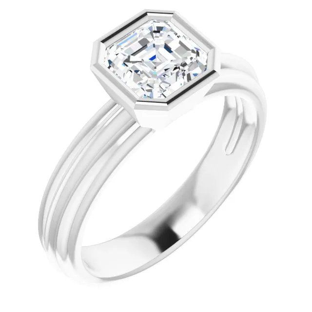 Cubic Zirconia Engagement Ring- The Aretha (Customizable Bezel-set Asscher Cut Solitaire with Grooved Band)