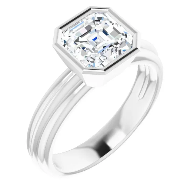 Cubic Zirconia Engagement Ring- The Aretha (Customizable Bezel-set Asscher Cut Solitaire with Grooved Band)