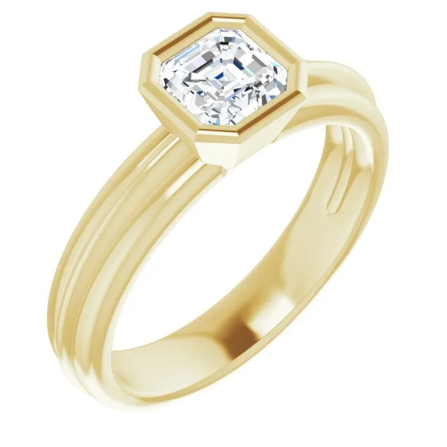 Cubic Zirconia Engagement Ring- The Aretha (Customizable Bezel-set Asscher Cut Solitaire with Grooved Band)