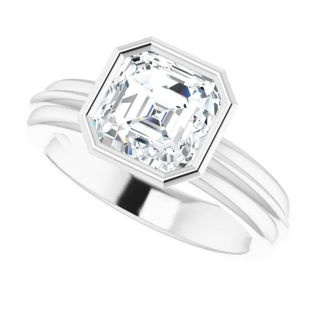 Cubic Zirconia Engagement Ring- The Aretha (Customizable Bezel-set Asscher Cut Solitaire with Grooved Band)