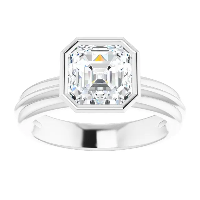 Cubic Zirconia Engagement Ring- The Aretha (Customizable Bezel-set Asscher Cut Solitaire with Grooved Band)