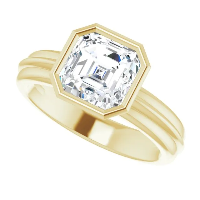 Cubic Zirconia Engagement Ring- The Aretha (Customizable Bezel-set Asscher Cut Solitaire with Grooved Band)