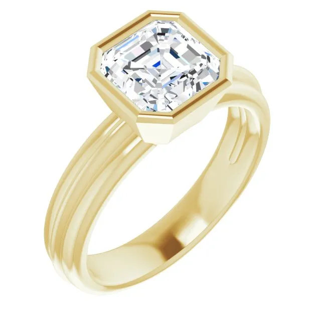 Cubic Zirconia Engagement Ring- The Aretha (Customizable Bezel-set Asscher Cut Solitaire with Grooved Band)