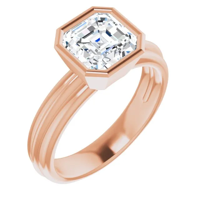 Cubic Zirconia Engagement Ring- The Aretha (Customizable Bezel-set Asscher Cut Solitaire with Grooved Band)