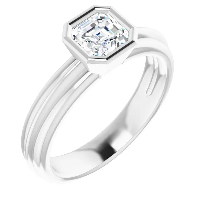 Cubic Zirconia Engagement Ring- The Aretha (Customizable Bezel-set Asscher Cut Solitaire with Grooved Band)