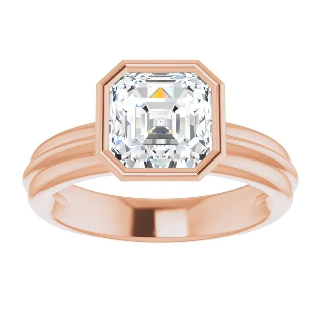 Cubic Zirconia Engagement Ring- The Aretha (Customizable Bezel-set Asscher Cut Solitaire with Grooved Band)