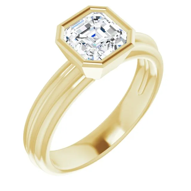 Cubic Zirconia Engagement Ring- The Aretha (Customizable Bezel-set Asscher Cut Solitaire with Grooved Band)