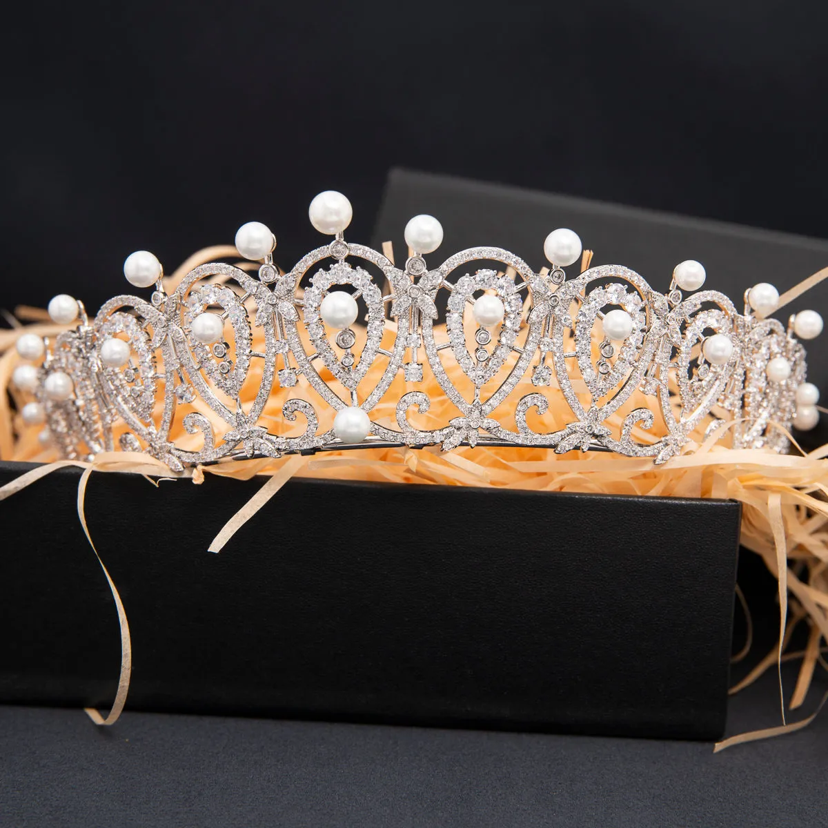 Cubic Zirconia Replica Spanish Loop Tiara for Wedding,Pearls Bride Tiara CH10387