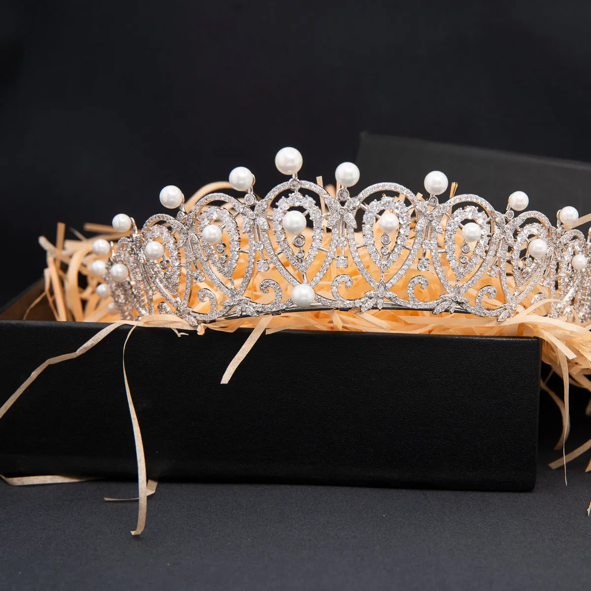 Cubic Zirconia Replica Spanish Loop Tiara for Wedding,Pearls Bride Tiara CH10387