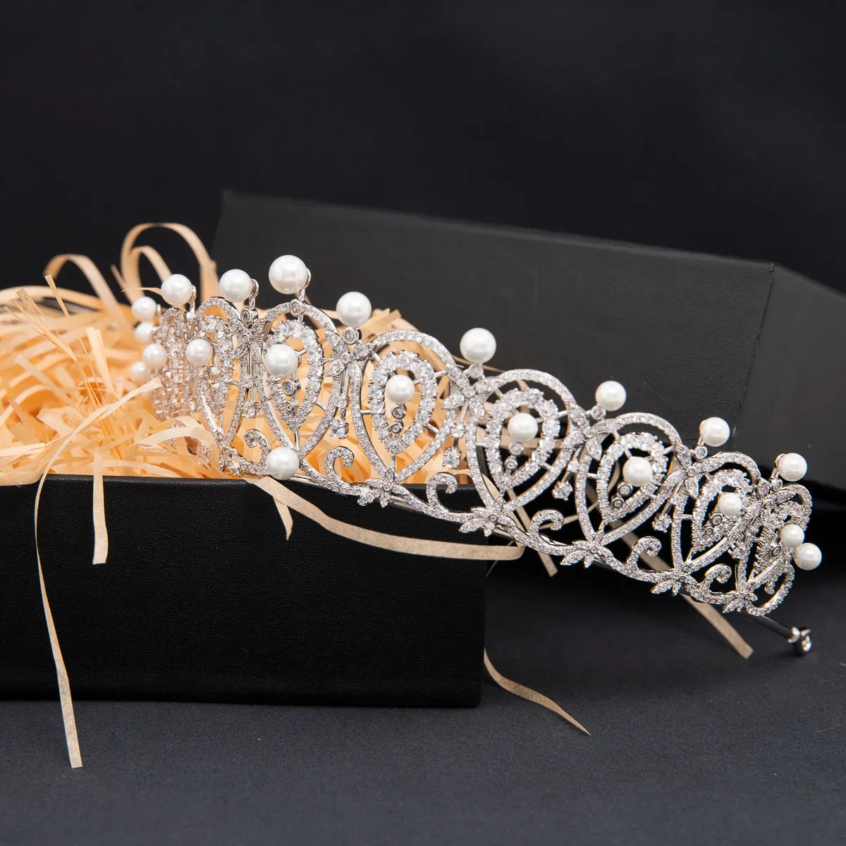 Cubic Zirconia Replica Spanish Loop Tiara for Wedding,Pearls Bride Tiara CH10387