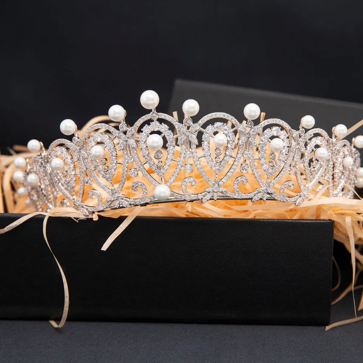 Cubic Zirconia Replica Spanish Loop Tiara for Wedding,Pearls Bride Tiara CH10387