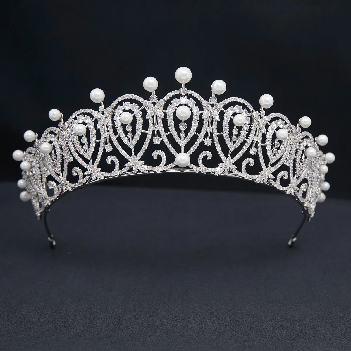 Cubic Zirconia Replica Spanish Loop Tiara for Wedding,Pearls Bride Tiara CH10387