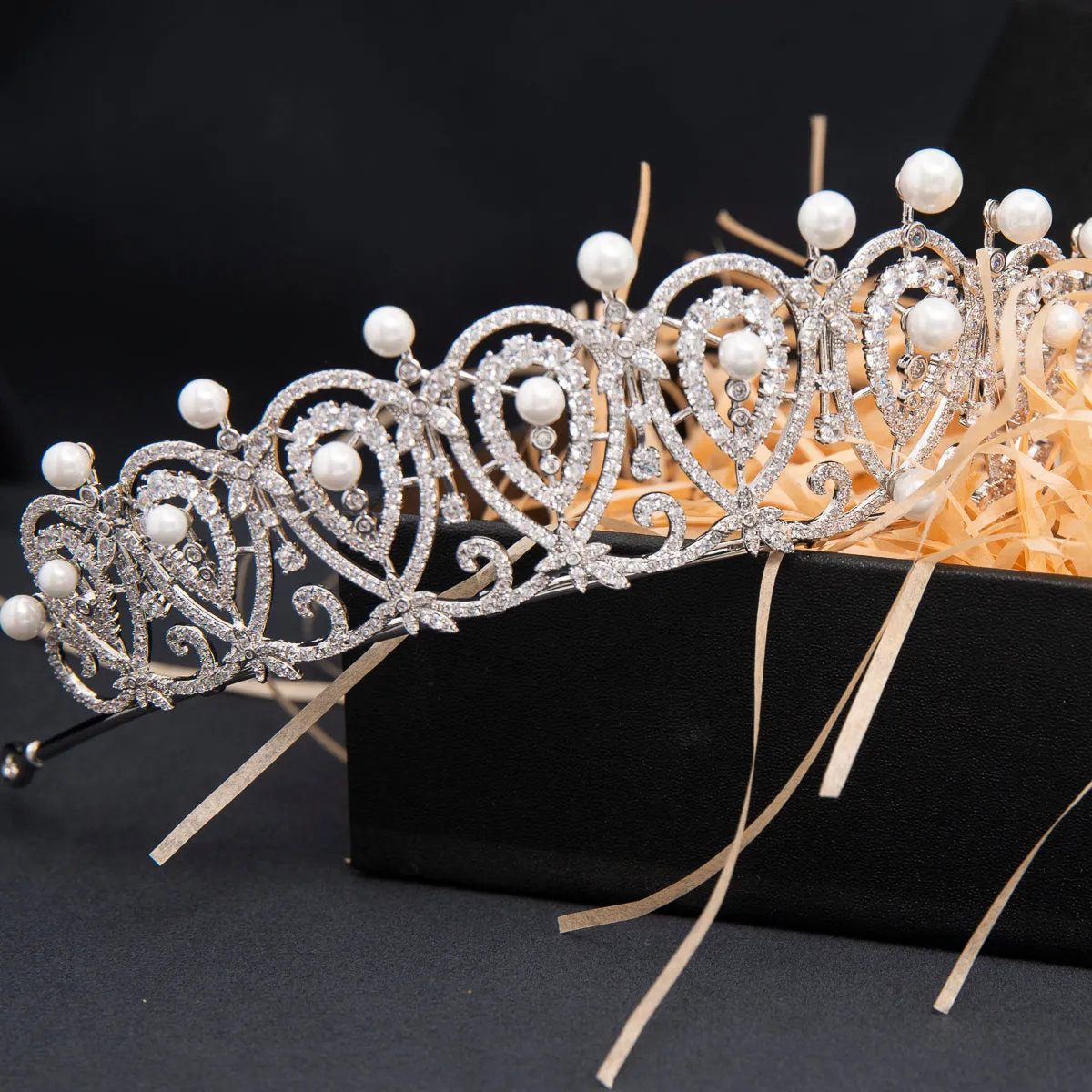 Cubic Zirconia Replica Spanish Loop Tiara for Wedding,Pearls Bride Tiara CH10387