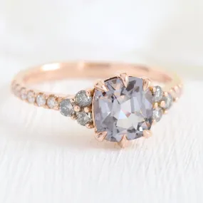 Cushion Grey Spinel Diamond Ring in 14k Rose Gold 3 Stone Pave Band, Size 6.25