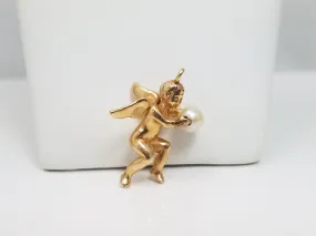 Cute 14k Yellow Gold Solid 3D Cherub Cultured Pearl Pendant